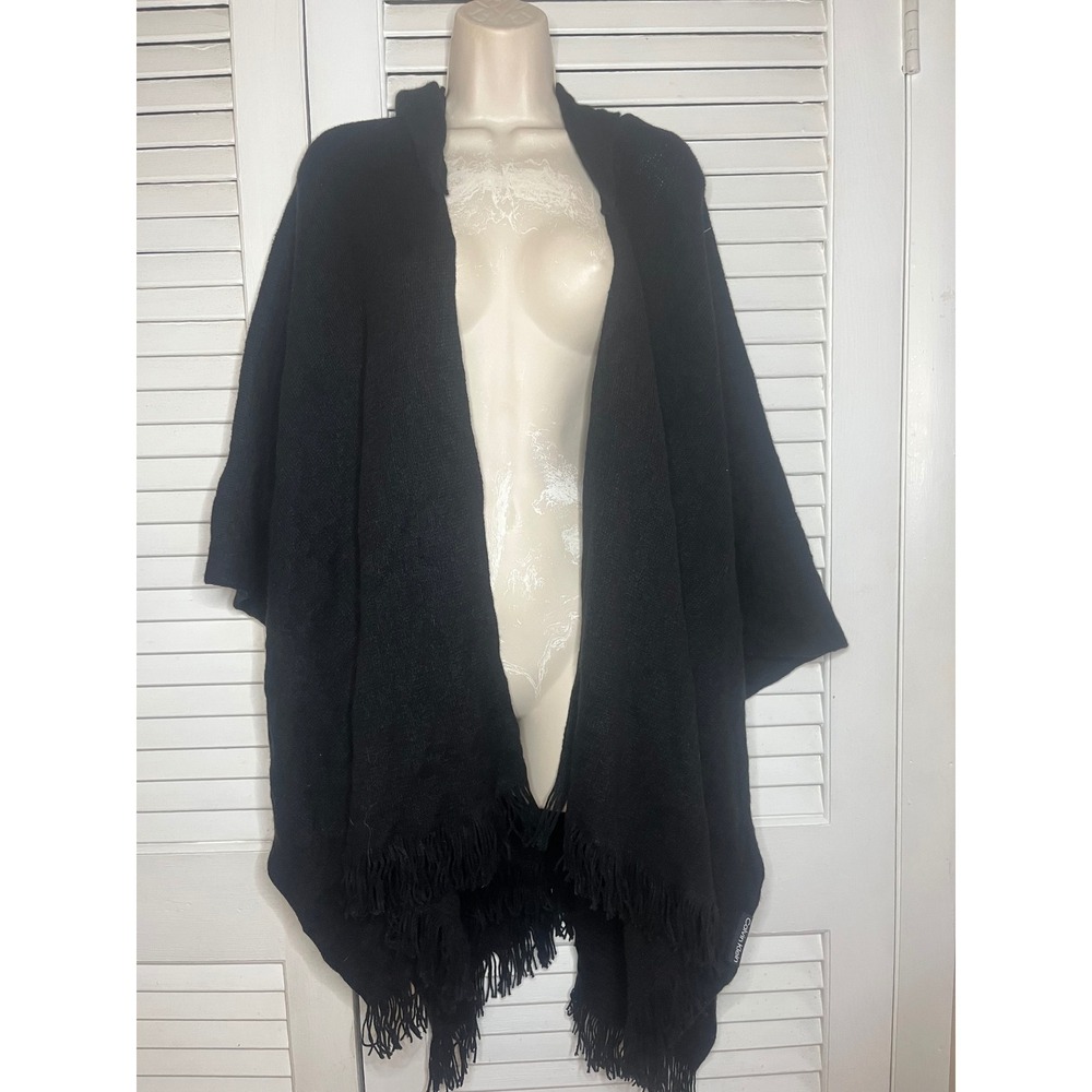 Calvin Klein Womens Black Knit Hooded Fringe Wrap Poncho One Size